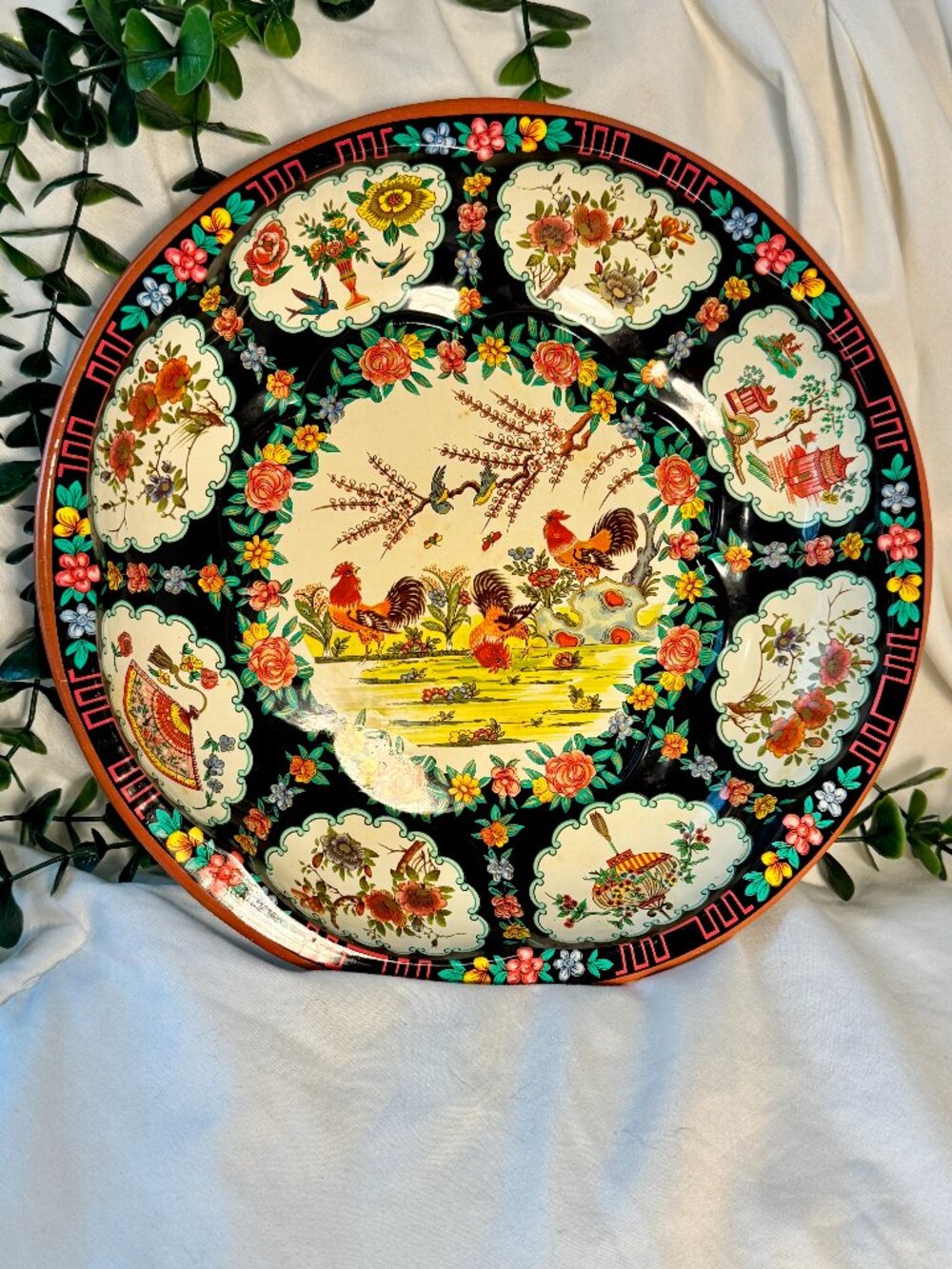 Vintage 1971 Daher Decorated Ware Chinoiserie Rooster Metal Tray / Bowl